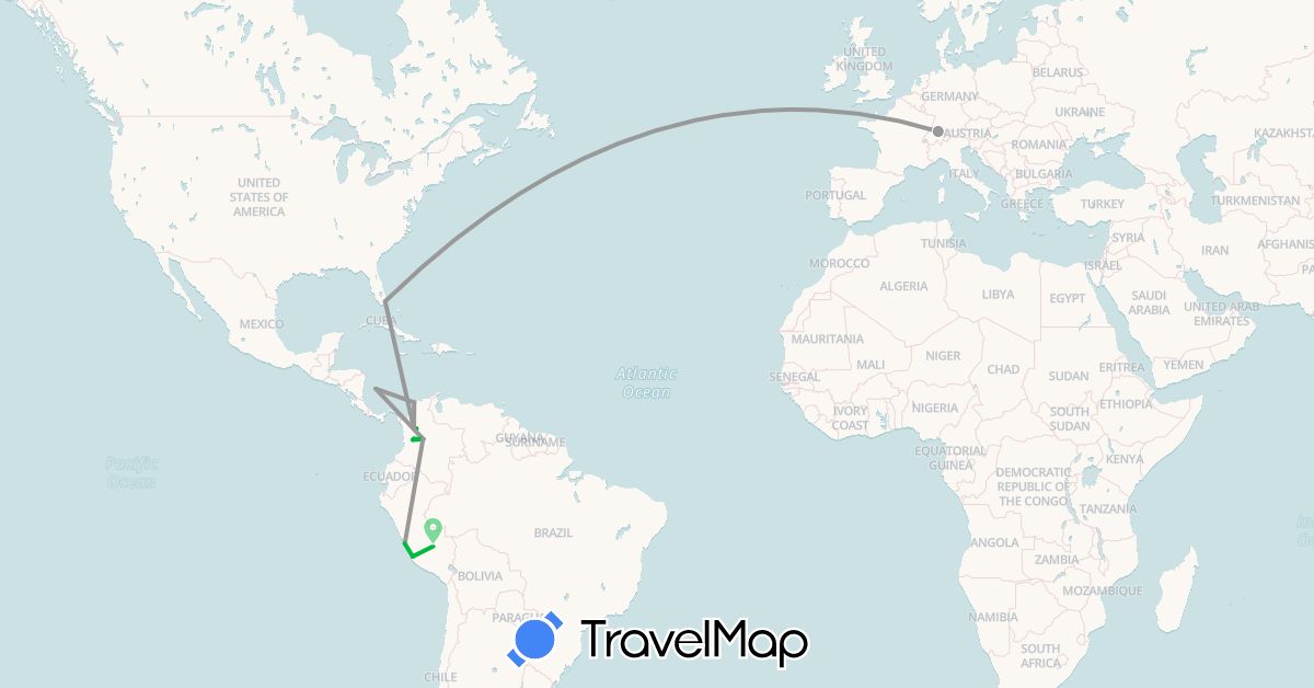 TravelMap itinerary: bus, plane in Switzerland, Colombia, Peru, United States (Europe, North America, South America)